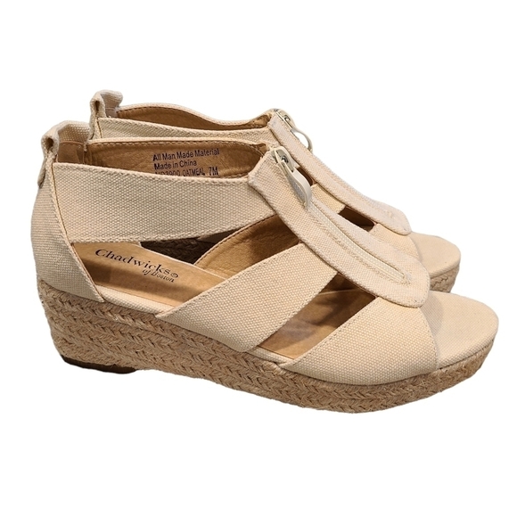 Jute Natural Open-front Sandals with Front Zipper and Wedge Heel, Size 7 - Picture 1 of 16